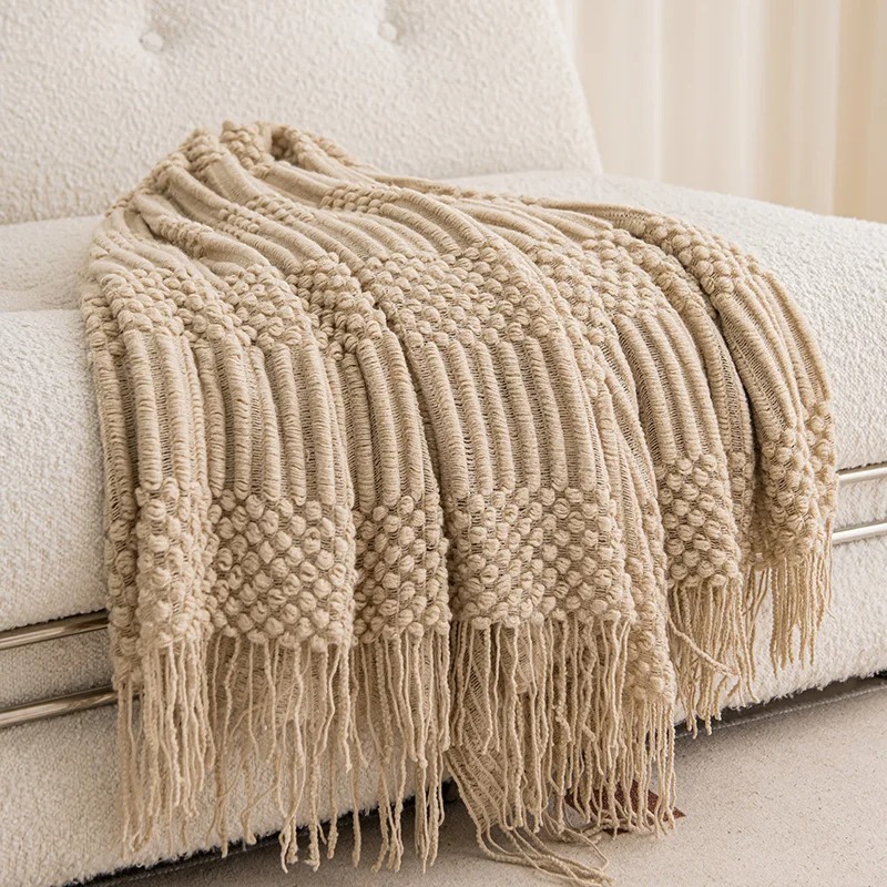 Throw Blanket Chunky Knit - Khaki Gift Knitted Blanket with Tassels