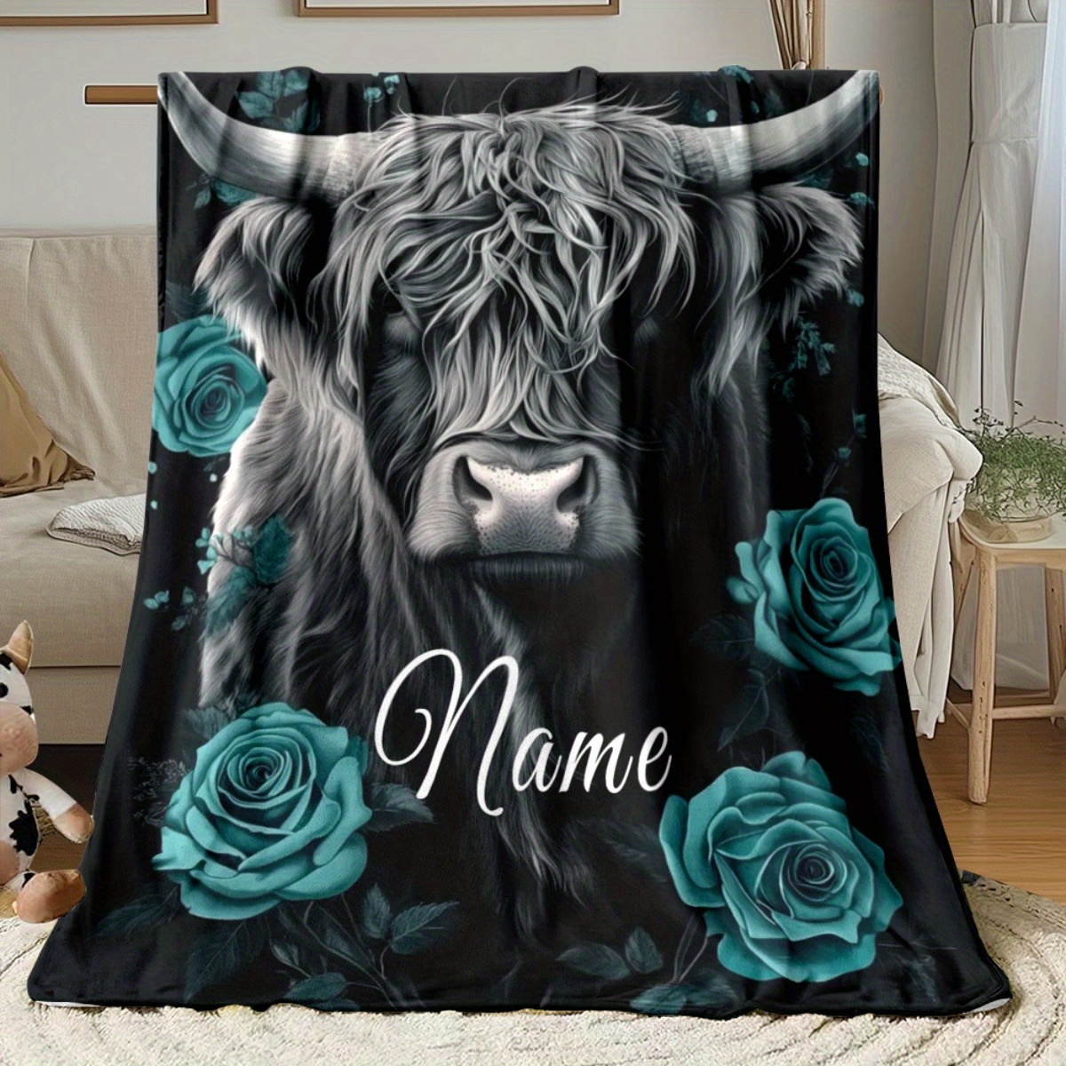 Highland Home Textiles - Personalized Highland Cow Blanket Black And
