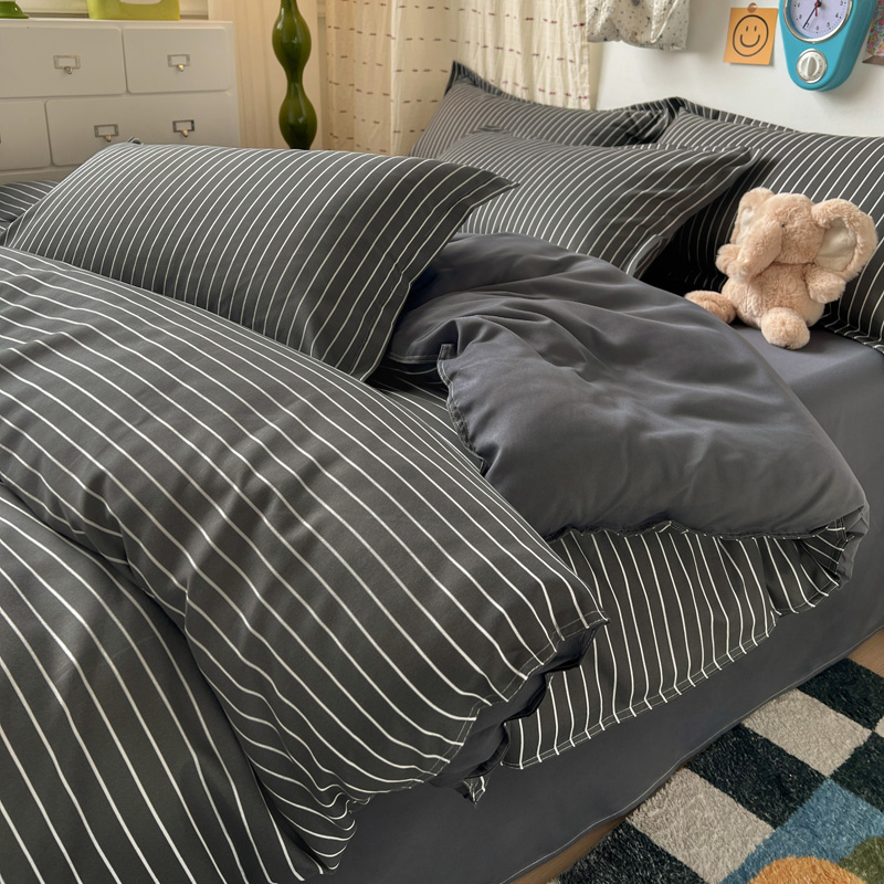 Linen Duvet Cover - 4PCS Grey Striped Bedding Set Modern