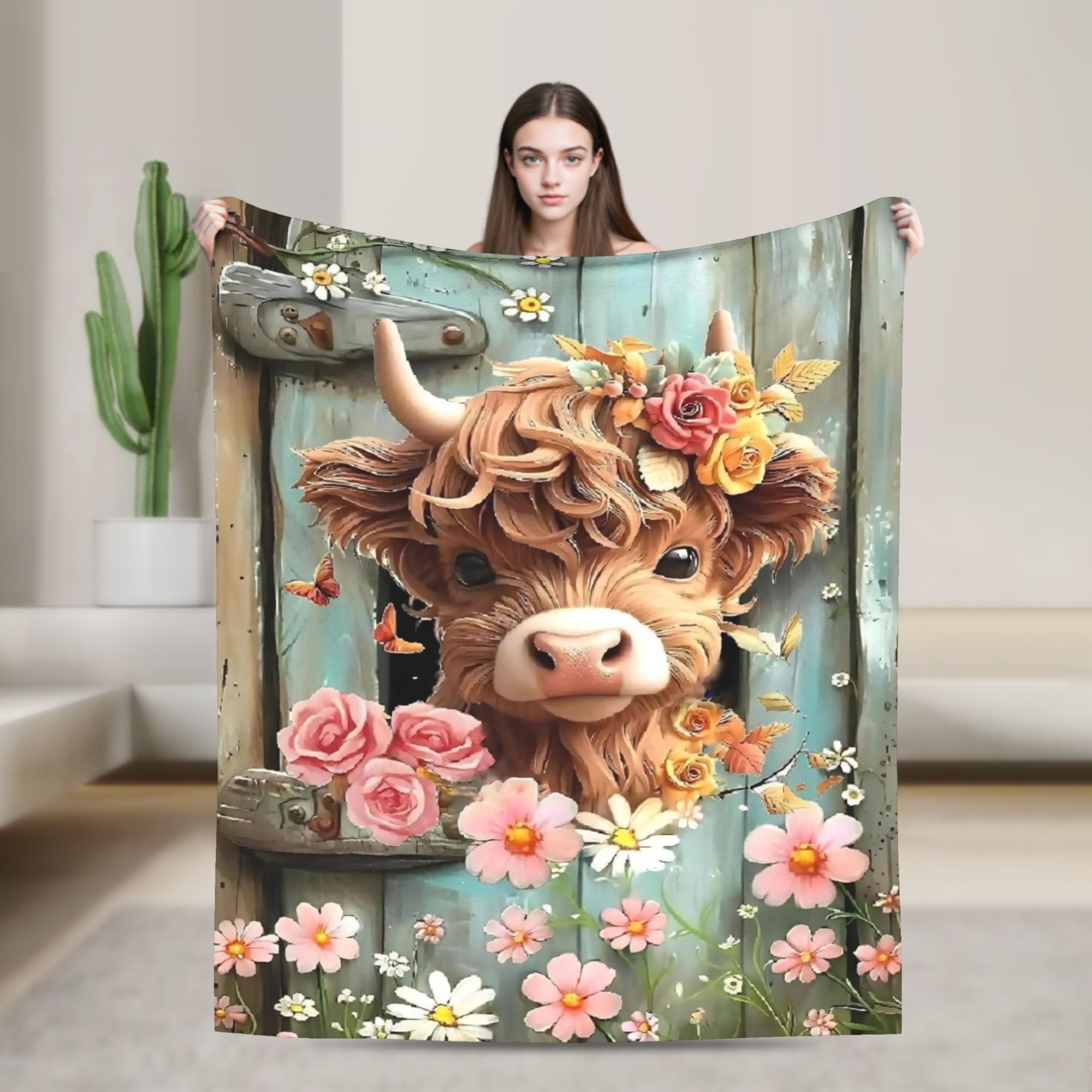 Highland Home Textiles - Highland Cow Boho Floral Blankets Velvet