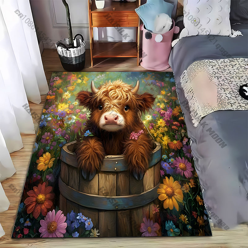 Highland Home Textiles - Highland calf flowers wooden bucketcarpet Yoga